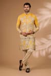 Buy_Rabani & Rakha_Yellow Silk, Cotton Zari, Sequins Architecture Print Bundi Kurta Set _at_Aza_Fashions