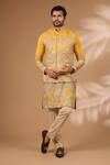 Buy_Rabani & Rakha_Yellow Silk Zari, Sequins Architecture Print Bundi _at_Aza_Fashions