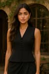 Shop_Ozel_Black Crepe V-neck Structured Skirt Set _at_Aza_Fashions