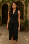 Buy_Ozel_Black Crepe V-neck Structured Skirt Set _at_Aza_Fashions