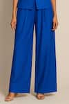 Ozel_Blue Linen, Satin Mandarin Collar Top And Pant Set _Online_at_Aza_Fashions
