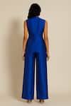 Shop_Ozel_Blue Linen, Satin Mandarin Collar Top And Pant Set _at_Aza_Fashions