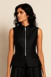Shop_Ozel_Black Linen, Satin High Neck Top And Pant Set _at_Aza_Fashions