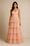 Shop_Ozel_Peach Tulle, Satin Sweetheart Neck Blush Tiered Gown _at_Aza_Fashions