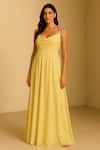 Buy_Ozel_Yellow Bemberg, Satin Cowl Neck Butter Shimmer Dress _at_Aza_Fashions
