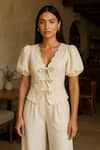 Shop_Ozel_Ivory Cotton, Linen V-neck Top And Pant Set _at_Aza_Fashions