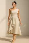 Buy_Ozel_Beige Cotton Satin, Lycra One Shoulder Designer Dress _at_Aza_Fashions