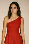 Shop_Ozel_Red Cotton Satin, Lycra One Shoulder Designer Dress _at_Aza_Fashions