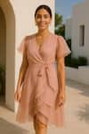 Ozel_Pink Organza V-neck Pastel Dress _Online_at_Aza_Fashions