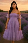 Buy_Ozel_Lavender Tulle Off-shoulder Soft Tiered Dress _at_Aza_Fashions