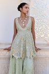 Osaa By Adarsh_Green Satin, Silk Embroidery, Sequins V-neck Peplum Top And Gharara Set _Online_at_Aza_Fashions