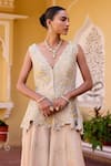 Osaa By Adarsh_Beige Silk, Tissue Zari, Embroidery V-neck Peplum Jacket And Gharara Set _Online_at_Aza_Fashions