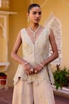 Buy_Osaa By Adarsh_Beige Silk, Tissue Zari, Embroidery V-neck Peplum Jacket And Gharara Set _Online_at_Aza_Fashions