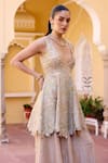 Osaa By Adarsh_Beige Silk, Tissue Zari, Embroidery V-neck Zardozi Peplum Top And Gharara Set _Online_at_Aza_Fashions