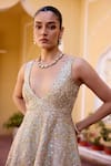 Buy_Osaa By Adarsh_Beige Silk, Tissue Zari, Embroidery V-neck Zardozi Peplum Top And Gharara Set _Online_at_Aza_Fashions
