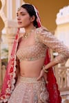 Buy_Osaa By Adarsh_Peach Silk Zari, Embroidery, Sequins Bandeau Neck Zardozi Bridal Lehenga Set _Online_at_Aza_Fashions