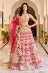 Shop_Osaa By Adarsh_Red Organza Embroidery, Zari, Applique, Sequins Round Neck Cut Ruby Lehenga Set _at_Aza_Fashions