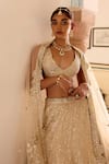 Buy_Osaa By Adarsh_Beige Silk, Tissue Embroidery, Zari, Sequins, Frost Champagne Jaal Lehenga Set _Online_at_Aza_Fashions