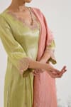 Nero India_Lime Tissue Embroidery V-neck Straight Kurta With Pant _Online_at_Aza_Fashions
