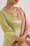 Buy_Nero India_Lime Chanderi, Tissue Embroidery V-neck Placement Kurta Set _Online_at_Aza_Fashions