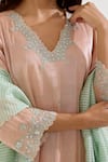 Nero India_Pink Tissue, Chanderi Embroidery V-neck Placement Kurta Set _Online_at_Aza_Fashions