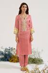 Buy_Nero India_Pink Tissue Embroidery Split V-neck Placket Kurta With Pant _at_Aza_Fashions