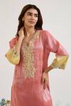 Shop_Nero India_Pink Tissue Embroidery Split V-neck Placket Kurta With Pant _Online_at_Aza_Fashions