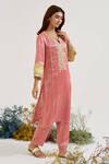 Nero India_Pink Tissue Embroidery Split V-neck Placket Kurta With Pant _at_Aza_Fashions