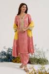 Buy_Nero India_Pink Tissue Embroidery Split V-neck Placket Kurta With Pant 