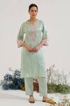 Buy_Nero India_Blue Tissue Embroidery Notched Neck Placket Kurta With Pant _at_Aza_Fashions