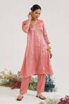 Buy_Nero India_Pink Tissue Embroidery V-neck Placement Kurta With Pant _at_Aza_Fashions