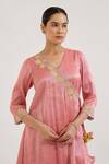 Nero India_Pink Tissue Embroidery V-neck Placement Kurta With Pant _Online_at_Aza_Fashions