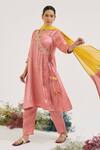 Buy_Nero India_Pink Tissue Embroidery V-neck Placement Kurta With Pant _Online_at_Aza_Fashions