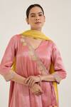 Nero India_Pink Tissue Embroidery V-neck Placement Kurta With Pant _at_Aza_Fashions