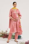 Nero India_Pink Chanderi, Tissue Embroidery V-neck Placement Kurta Set _Online_at_Aza_Fashions