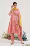 Buy_Nero India_Pink Chanderi, Tissue Embroidery V-neck Placement Kurta Set _at_Aza_Fashions