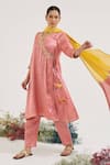 Shop_Nero India_Pink Chanderi, Tissue Embroidery V-neck Placement Kurta Set _at_Aza_Fashions