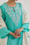 Shop_Nero India_Turquoise Chanderi Embroidery Round Neck Floral Kurta With Pant _Online_at_Aza_Fashions