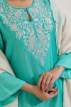 Nero India_Turquoise Chanderi Embroidery Keyhole Neck Kurta Set _Online_at_Aza_Fashions
