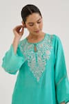 Nero India_Turquoise Chanderi Embroidery Keyhole Neck Kurta Set _at_Aza_Fashions