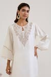 Nero India_White Chanderi Embroidery Round Neck Floral Kurta With Pant _Online_at_Aza_Fashions