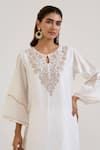 Nero India_White Chanderi Embroidery, Tassels Keyhole Neck Floral Kurta Set _Online_at_Aza_Fashions