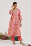 Buy_Nero India_Pink Jacquard Embroidery V-neck Textured Kurta With Pant 
