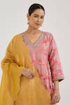 Nero India_Pink Jacquard, Chanderi Embroidery V-neck Textured Kurta Set _Online_at_Aza_Fashions