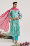 Buy_Nero India_Blue Chanderi, Jacquard Embroidery V-neck Textured Straight Kurta Set _at_Aza_Fashions