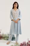 Buy_Nero India_Blue Tissue Embroidery V-neck Floral Kurta With Pant _at_Aza_Fashions