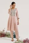 Shop_Nero India_Pink Tissue Embroidery Split V-neck Floral Kurta With Pant _Online_at_Aza_Fashions