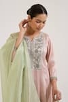 Nero India_Pink Tissue Embroidery Split V-neck Floral Kurta With Pant _at_Aza_Fashions
