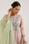 Nero India_Pink Tissue Embroidery Round Neck Floral Yoke Kurta Set _at_Aza_Fashions