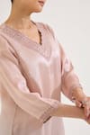 Buy_Nero India_Pink Tissue Embroidery V-neck Kurta With Pant _Online_at_Aza_Fashions